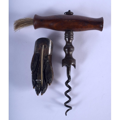 903 - AN ANTIQUE CORKSCREW and an antique claw brooch. Largest 14 cm long. (2)