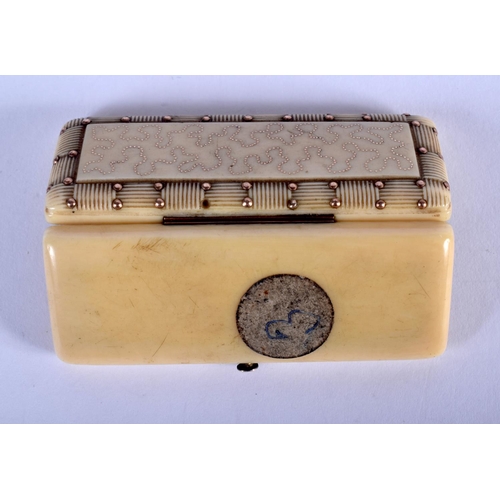 907 - A GEORGE III GOLD INLAID IVORY BOX. 6.5 cm x 2.5 cm.