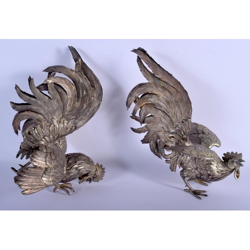 926 - A LARGE PAIR OF 19TH CENTURY CONTINENTAL SILVER TABLE COCKERELS of naturalistic form. 1380 grams. 29... 