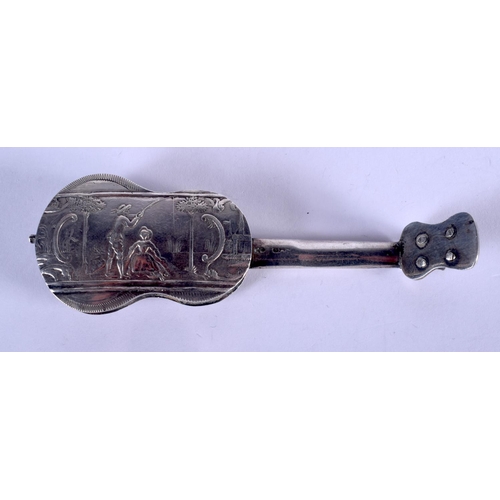 933 - AN ANTIQUE CONTINENTAL SILVER GUITAR. 33 grams. 10 cm x 3 cm.