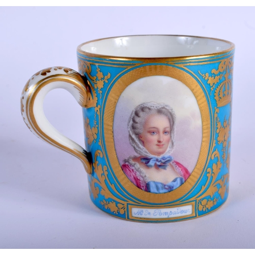 94 - A FINE 19TH CENTURY SEVRES PORCELAIN CABINET CUP AND SAUCER painted with portraits and bands of foli... 