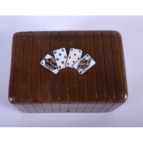 946 - A CHARMING ART DECO LEATHER AND ENAMEL CARD BOX AND COVER. 10 cm x 6 cm.