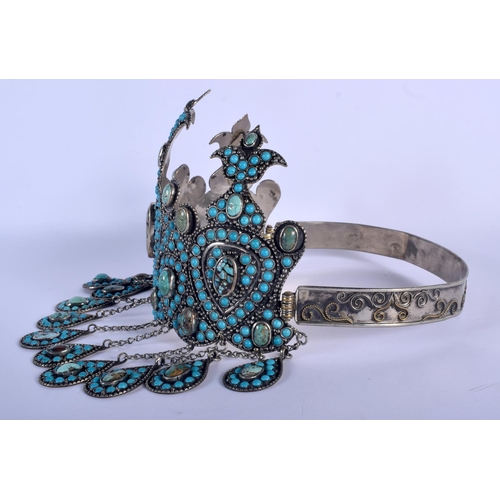 954 - A RARE EARLY 20TH CENTURY MIDDLE EASTERN TURQUOISE AND SILVER TIARA with pear shaped hanging droplet... 