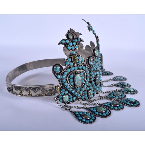 954 - A RARE EARLY 20TH CENTURY MIDDLE EASTERN TURQUOISE AND SILVER TIARA with pear shaped hanging droplet... 