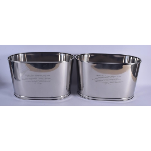 973 - A LARGE PAIR OF CONTEMPORARY SILVER PLATED WINE COOLERS. 30 cm x 35 cm.