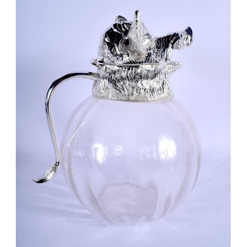 990 - A CONTEMPORARY WILD BOAR SILVER PLATED GLASS DECANTER. 27 cm x 24 cm.