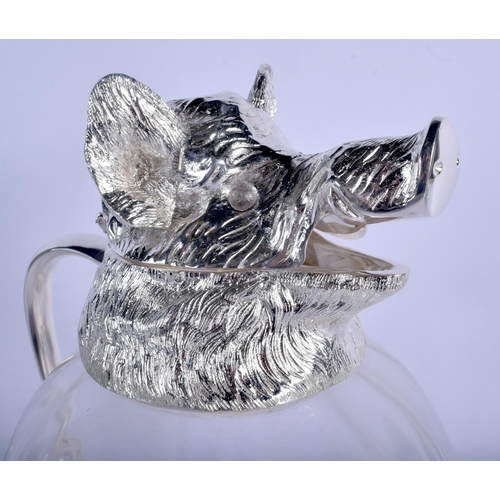 990 - A CONTEMPORARY WILD BOAR SILVER PLATED GLASS DECANTER. 27 cm x 24 cm.