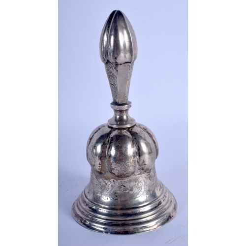 992 - AN ANTIQUE CONTINENTAL SILVER BELL decorated with motifs. 208 grams. 15 cm x 8.5 cm.