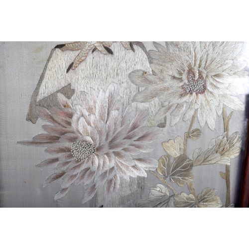 1505 - A PAIR OF 19TH CENTURY CHINESE SILKWORK EMBROIDERED PANELS depicting birds within landscapes. Silk 1... 