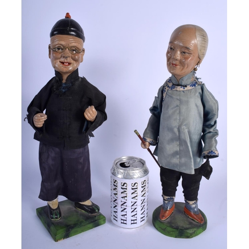 1522 - A RARE PAIR OF EARLY 20TH CENTURY CHINESE POLYCHROMED LACQUER FIGURES Late Qing, modelled upon green... 