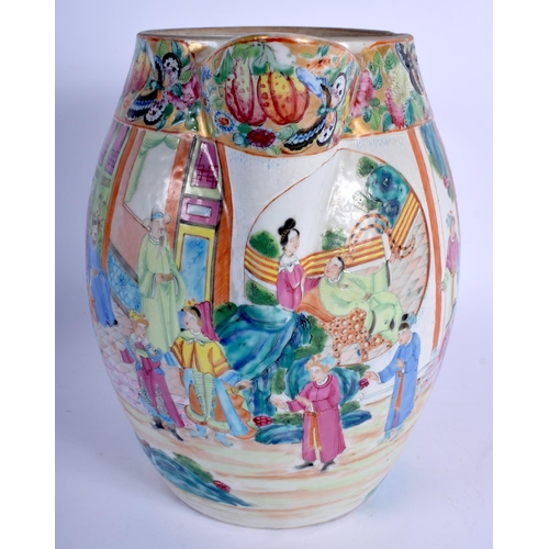 1523 - A LARGE 19TH CENTURY CHINESE CANTON FAMILLE ROSE PORCELAIN CIDER JUG Qing, painted with figures with... 