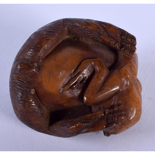 1533 - AN EARLY 20TH CENTURY JAPANESE MEIJI PERIOD CARVED TAGUA NUT OKIMONO modelled as a monkey clutching ... 