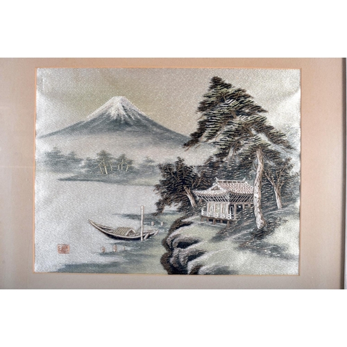 1538 - A SET OF FIVE JAPANESE TAISHO PERIOD EMBROIDERED SILK LANDSCAPE PANELS. Silk 32 cm x 22 cm. (5)