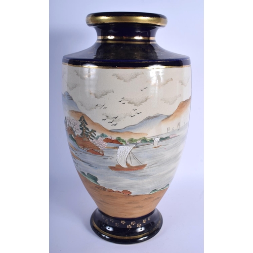 1543 - A VERY LARGE EARLY 20TH CENTURY JAPANESE MEIJI PERIOD SATSUMA VASE painted with boats within a lands... 