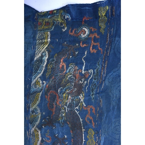 1544 - A RARE PAIR OF 17TH/18TH CENTURY CHINESE BLUE SILK WORK DRAGON PANEL Ming/Qing, modelled amongst clo... 