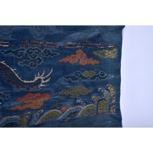 1544 - A RARE PAIR OF 17TH/18TH CENTURY CHINESE BLUE SILK WORK DRAGON PANEL Ming/Qing, modelled amongst clo... 