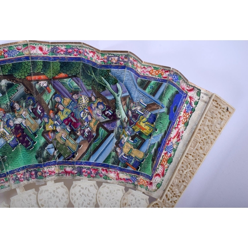 1550 - A 19TH CENTURY CHINESE CANTON BOXED IVORY WATERCOLOUR FAN depicting figures within landscapes. Fan 5... 