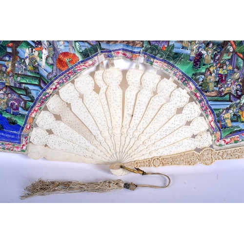 1550 - A 19TH CENTURY CHINESE CANTON BOXED IVORY WATERCOLOUR FAN depicting figures within landscapes. Fan 5... 