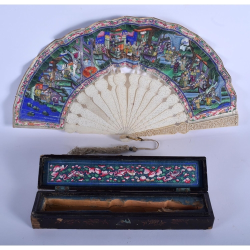 1550 - A 19TH CENTURY CHINESE CANTON BOXED IVORY WATERCOLOUR FAN depicting figures within landscapes. Fan 5... 