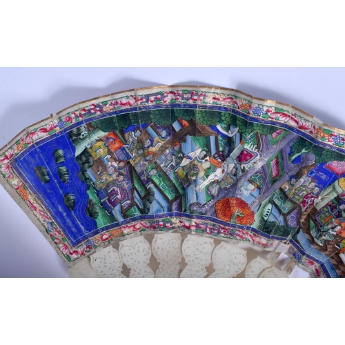 1550 - A 19TH CENTURY CHINESE CANTON BOXED IVORY WATERCOLOUR FAN depicting figures within landscapes. Fan 5... 