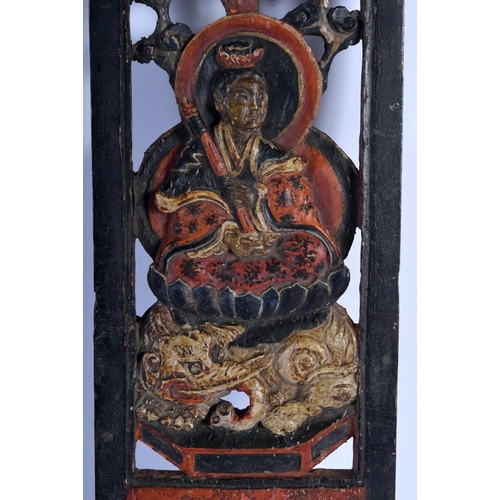 1555 - A RARE 18TH CENTURY JAPANESE EDO PERIOD CARVED AND LACQUERED PANEL depicting a buddhistic figure upo... 