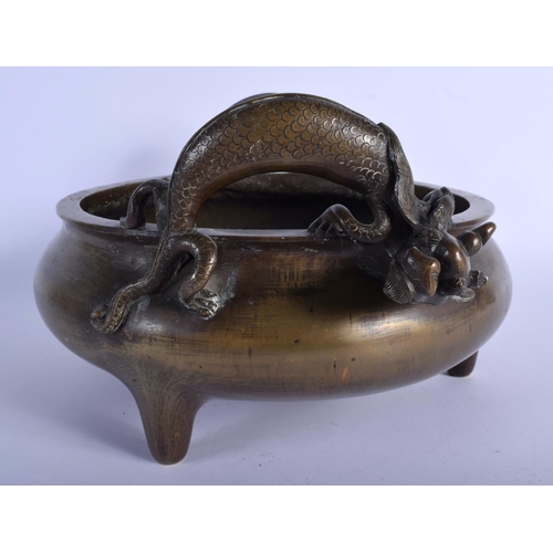 1557 - A RARE 18TH CENTURY CHINESE TWIN HANDLED BRONZE CENSER Qing, bearing elaborate seal mark to base, wi... 