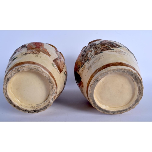 1558 - A LARGE PAIR OF 19TH CENTURY JAPANESE MEIJI PERIOD SATSUMA VASES of crimped form, painted with immor... 