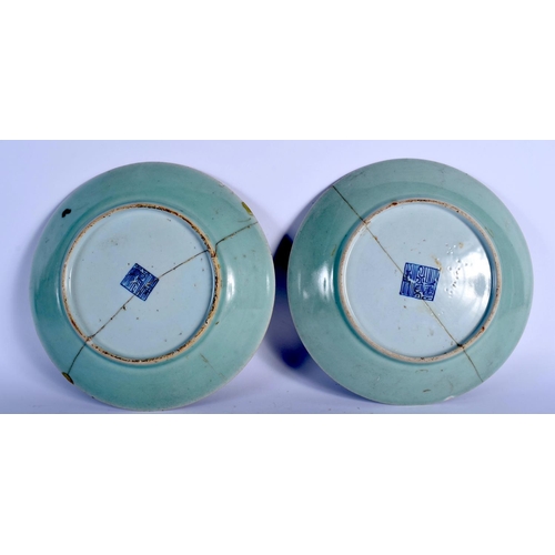 1559 - A LARGE PAIR OF 19TH CENTURY CHINESE CANTON FAMILLE ROSE CELADON DISHES painted with birds and insec... 