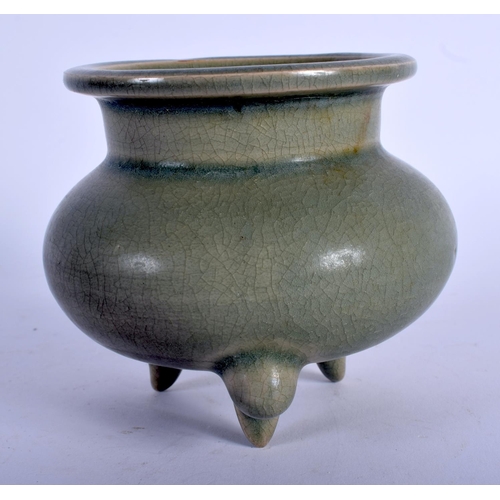 1563 - A CHINESE MONOCHROME GREEN GLAZED PORCELAIN CENSER 20th Century. 9 cm x 9 cm.