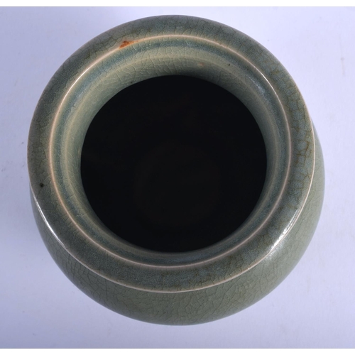 1563 - A CHINESE MONOCHROME GREEN GLAZED PORCELAIN CENSER 20th Century. 9 cm x 9 cm.