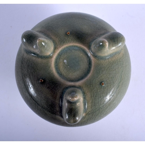 1563 - A CHINESE MONOCHROME GREEN GLAZED PORCELAIN CENSER 20th Century. 9 cm x 9 cm.