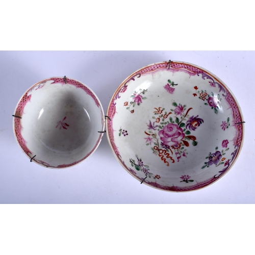 1568 - AN 18TH CENTURY CHINESE EXPORT FAMILLE ROSE TEABOWL AND SAUCER together with a glazed cat. Largest 2... 