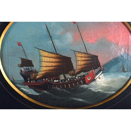 1575 - Chinese School (19th Century) Oil on canvas, junk boat. Image 17 cm x 15 cm.