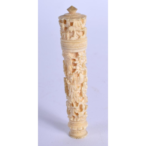 1598 - A RARE MINIATURE 19TH CENTURY CHINESE CANTON IVORY TOOTH PICK CASE AND COVER Qing. 6.5 cm long.