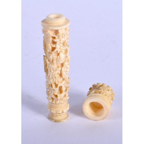 1598 - A RARE MINIATURE 19TH CENTURY CHINESE CANTON IVORY TOOTH PICK CASE AND COVER Qing. 6.5 cm long.