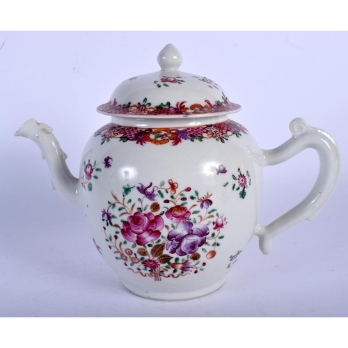 1610 - AN 18TH CENTURY CHINESE EXPORT FAMILLE ROSE TEAPOT AND COVER Qianlong, painted with flowers. 17 cm w... 