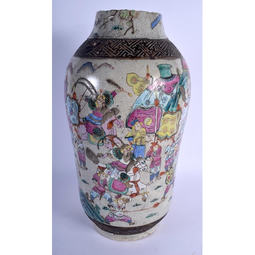 1617 - A LARGE 19TH CENTURY CHINESE FAMILLE ROSE CRACKLE GLAZED VASE Qing, painted with warriors within lan... 