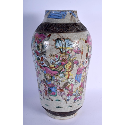 1617 - A LARGE 19TH CENTURY CHINESE FAMILLE ROSE CRACKLE GLAZED VASE Qing, painted with warriors within lan... 