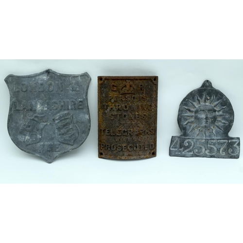 2533 - An antique London and Lancashire Fire Insurance lead plaque together with another lead plaque and  c... 