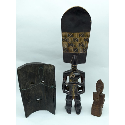 2535 - A African wooden fertility figure together with an African mask and figure 50cm (3).
