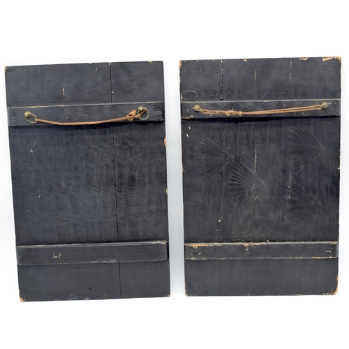2561 - A pair of Japanese wooden panels decorated with carved Ivory figures 39 x 25cm (2)