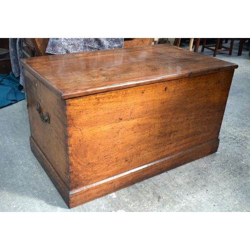 2567 - A VERY LARGE 19TH CENTURY OAK BOUND BRASS HANDLED COFFER of huge proportions. 106 cm x 59 cm.