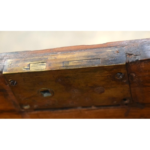 2567 - A VERY LARGE 19TH CENTURY OAK BOUND BRASS HANDLED COFFER of huge proportions. 106 cm x 59 cm.