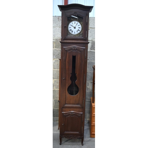 2575 - A 19TH CENTURY CONTINENTAL FRUITWOOD LONG CASE CLOCK by La Rosage, with gilded dial. 236 cm x 40 cm.