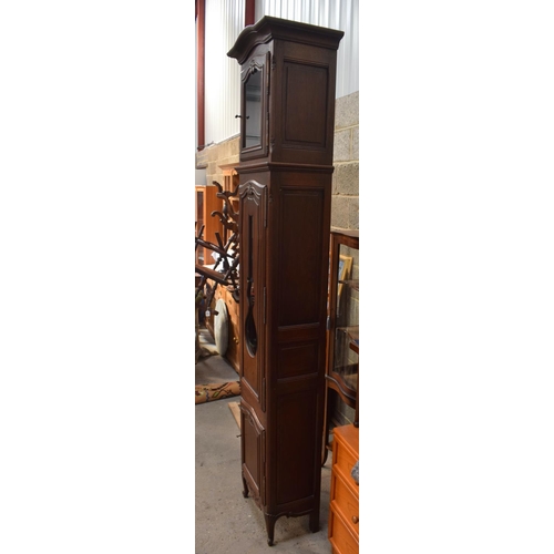2575 - A 19TH CENTURY CONTINENTAL FRUITWOOD LONG CASE CLOCK by La Rosage, with gilded dial. 236 cm x 40 cm.
