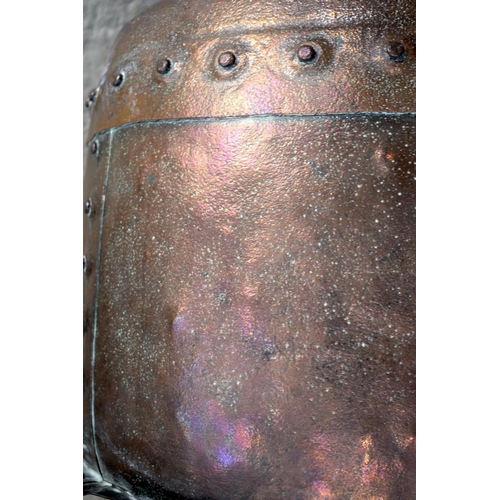 2580 - AN ANTIQUE COPPER RIVETED JARDINIERE upon a stand. 35 cm x 54 cm.