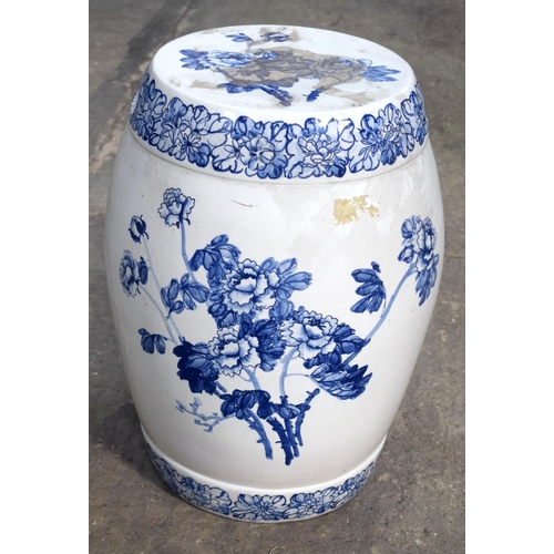 2586 - A CONTINENTAL PORCELAIN BARREL GARDEN SEAT. 48 cm x 27 cm.