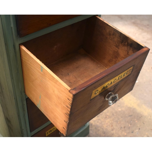 2593 - A CHARMING PAIR OF GREEN PAINTED ANTIQUE APOTHECARY CHESTS with prism cut handles. 86.5 cm x 36 cm.
