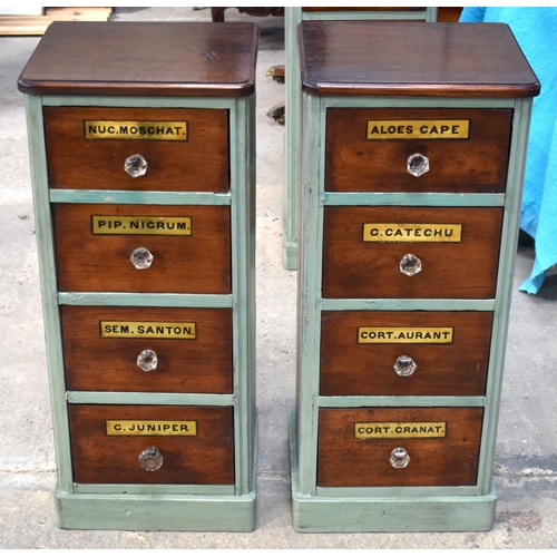 2594 - A CHARMING PAIR OF GREEN PAINTED ANTIQUE APOTHECARY CHESTS with prism cut handles. 84.5 cm x 36 cm.