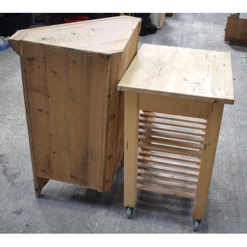 2597 - A PINE HANGING CORNER CUPBOARD and a butchers block. Largest 100 cm x 52.5 cm. (2)